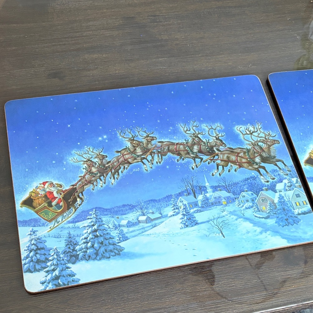 Pottery barn kids night before Christmas 4 cork back placements Santa Sleigh NWT